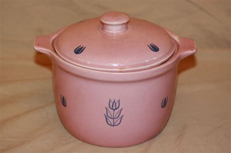Vintage Cronin Pottery Bake Oven Usa Pink Tulip Crockpot Large Bean Pot
