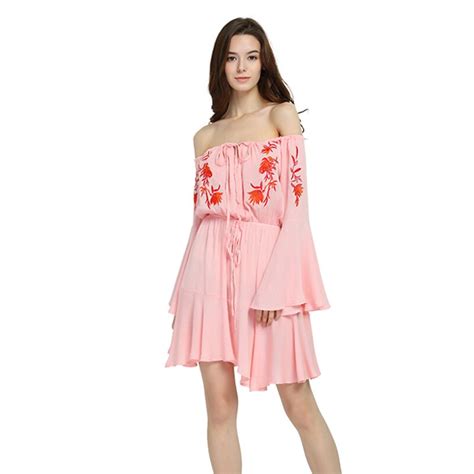 Mydc 2018 Summer Fashion Slash Neck Sexy Women Dress Embroidery Flare Sleeve Elastic Mini Dress