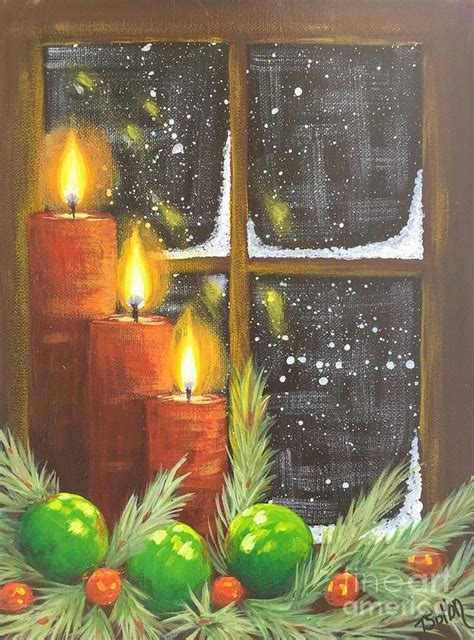 A Painting Of Candles And Fruit In Front Of A Window With Snow Falling