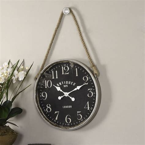 Rope Hanging Wall Clock With Decorative Hook In Matte Black