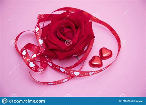 Beautiful Red Rose With Red And White Hearts Ribbon Stock Photo Image