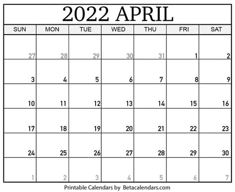 Editable April 2022 Calendar