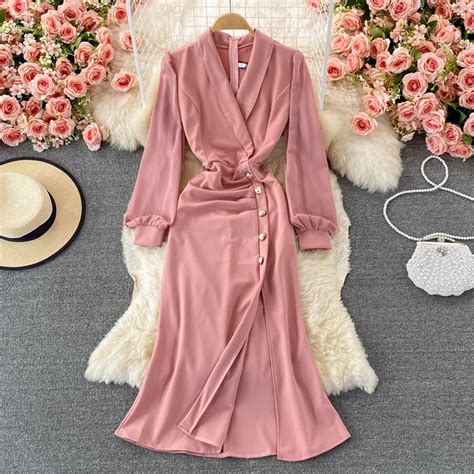 Aibeautyer New Autumn Casual Solid Slim Button Lady Full Dress A Line V