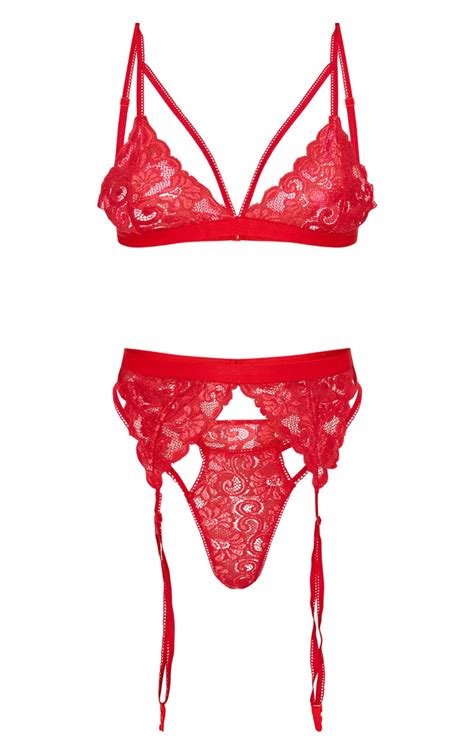 Red Lace Trim 3 Piece Lingerie Set Lingerie Prettylittlething Usa