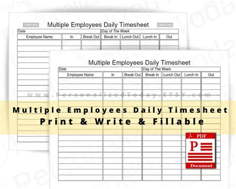 Multiple Employees Daily Timesheet Fillable And Print And Etsy