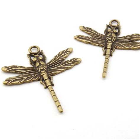 2 Pcs Antiqued Brass Dragonfly Charms Insect Pendants Vintage Style