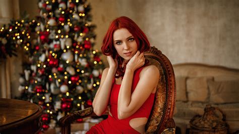 Red Hair Woman Girl Model Depth Of Field Blue Eyes Red Dress