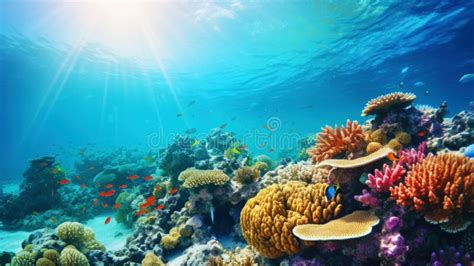 Underwater View Of A Colorful Sea Coral Reef With Fishes Ocean