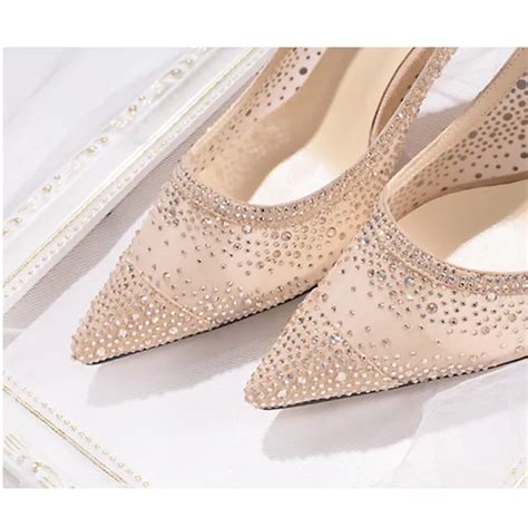 Charming Champagne Lace Wedding Shoes 2020 Leather Rhinestone 7 Cm