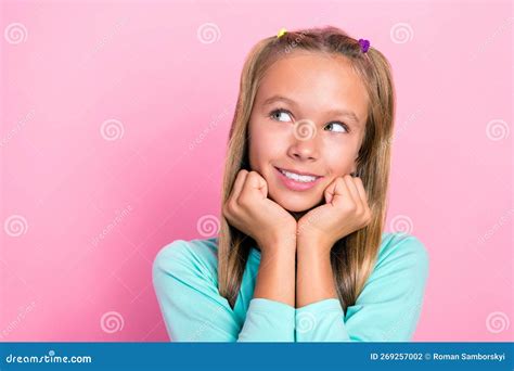 Closeup Photo Of Preteen Schoolgirl Touch Cheeks Toothy Smile