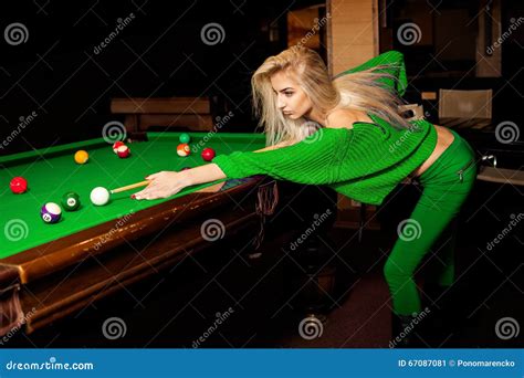 Stylish Young Beautiful Blonde Plays Pool Billiard Stock Image Image