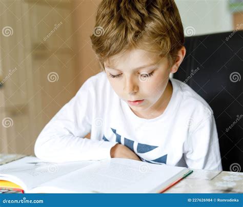 Little Blonde School Kid Boy Reading A Book At Home Child Interested