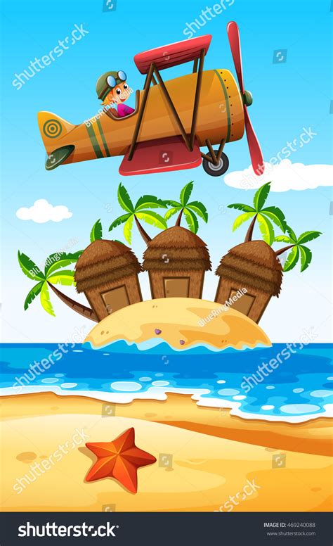 Girl Flying Plane Over The Island Illustration Royalty Free Stock