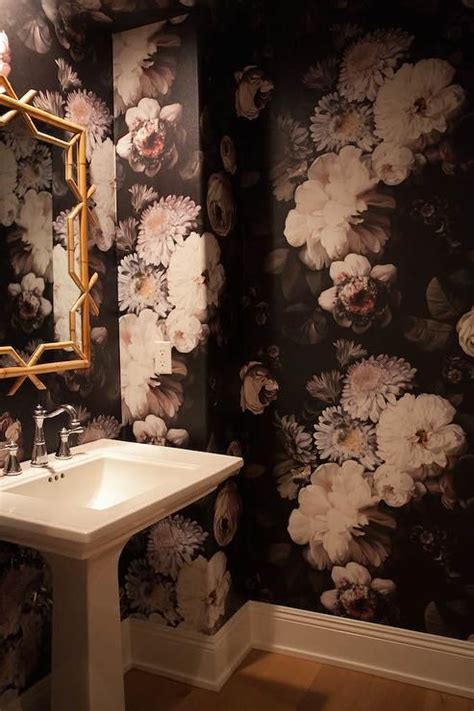 Black And Gold Floral Powder Room Wallpaper Contemporary Bathroom