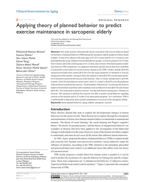 Pdf Applying Theory Of Planned Behavior To Predict Exercise