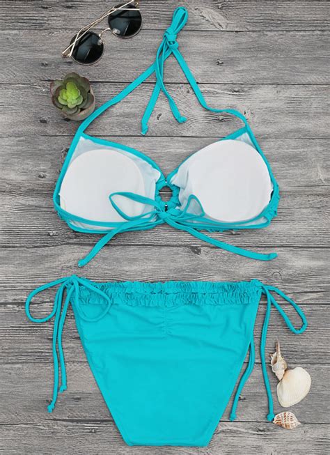 Fold Bandage Triangle Bikini Set Blue Women Pokeek Swimwear