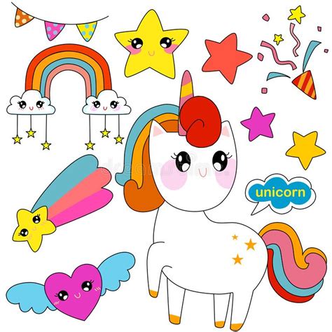 Unicorn Set Of Cute Sticker Cartoon Doodle Drawing Set Collection