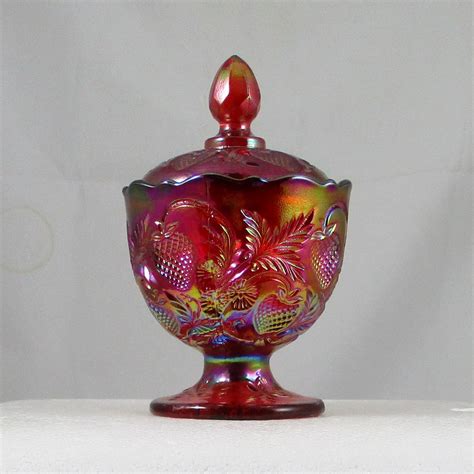 Fenton Red Inverted Strawberry Carnival Glass Cream And Sugar Set For Acga Carnival Glass