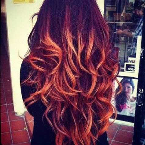 Normally you'd go 4 to 5 levels lighter for the lengths and ends, for example from a brown at the roots to a very light blonde on. dark red hair and orange dip dye. | Locks | Pinterest | My ...