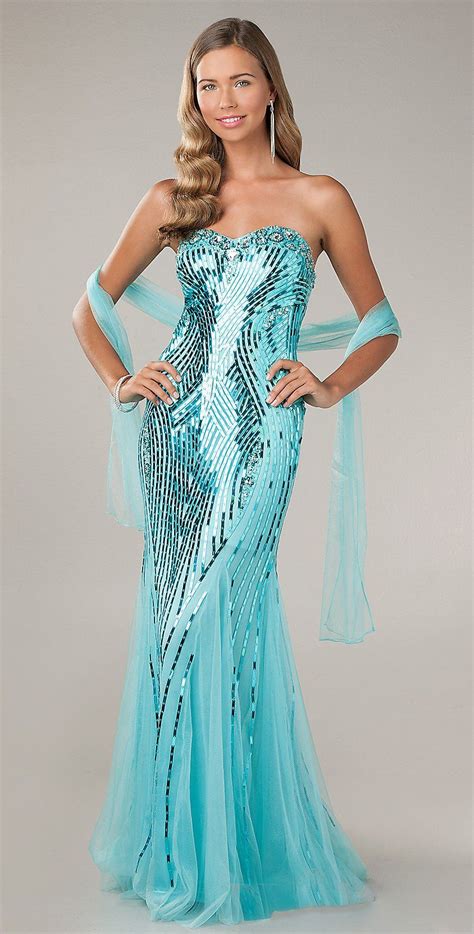 aqua formal prom dress sequin panels strapless mesh flair bottom sequin prom dresses formal