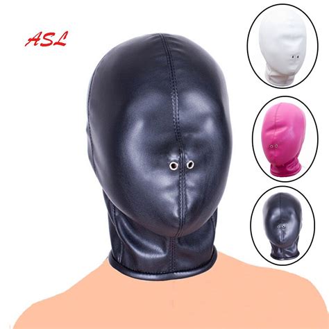 Pu Leather Head Hood Full Covered Mask Breathable Holes Bondage