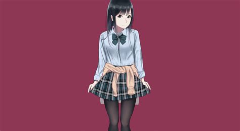 Skirt Long Hair Anime Girl Black Eyes Smile School Uniform