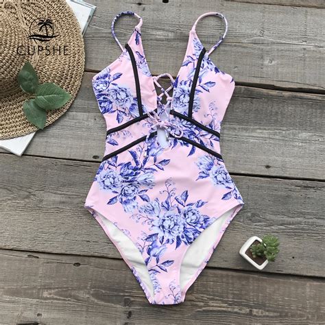 Cupshe Pink Flower Print Piping One Piece Swimsuit Women Deep V Neck