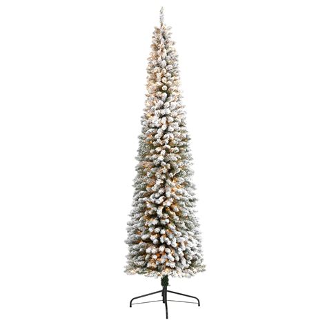 9 Flocked Pencil Artificial Christmas Tree With 600 Clear Lights And