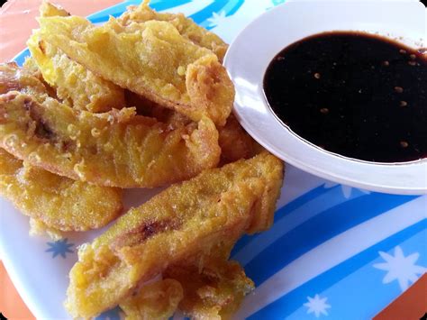 Pisang goreng ('fried banana' in indonesian/malay) is a fritter made by deep frying battered plantain in hot oil. MY ALL: pisang goreng + sambal kicap