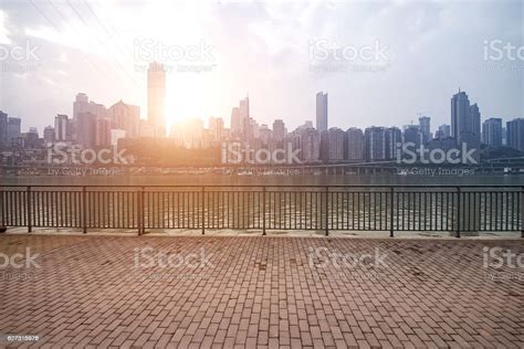 Empty Marble Floor With Cityscape And Skyline In Cloud Sky Stock Photo