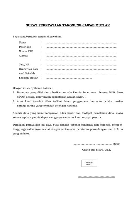 Download Contoh Surat Pernyataan Tanggung Jawab Mutlak Ppdb