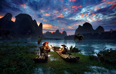 Wallpaper Men Birds Sunset Sea China Rock Nature Reflection