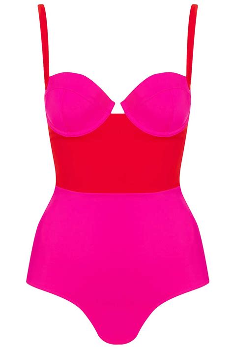 red pink colourblock swimsuit topshop usa fashion colorblock swimsuit swimwear