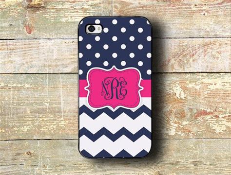 Cute Iphone Case With Hot Pink Navy Polka Dots And Navy Chevron