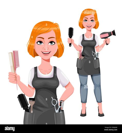 beautiful redhead girl hairdresser set of two poses cute woman barber female hairstylist