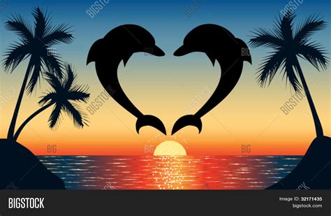 Silhouette Of Two Dolphins Jumping Out Of Water In The Ocean Shaped