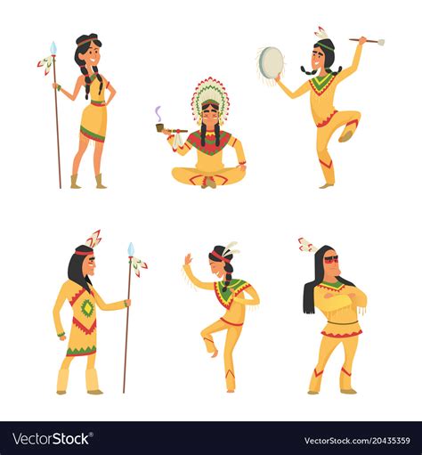 Native American Indians Cartoon Characters Set Vector Image
