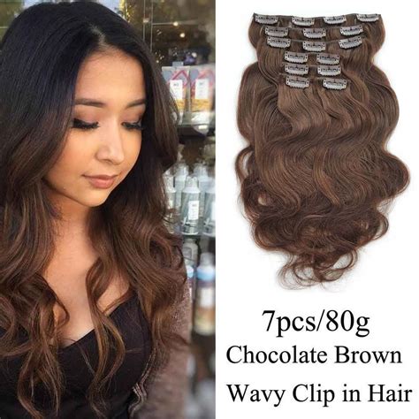 Showjarlly 4 Chocolate Brown Wavy Clip In Hair Extensions