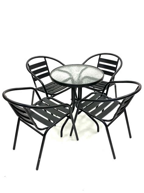 Black Garden Set Round Glass Table And 4 Black Steel Chairs