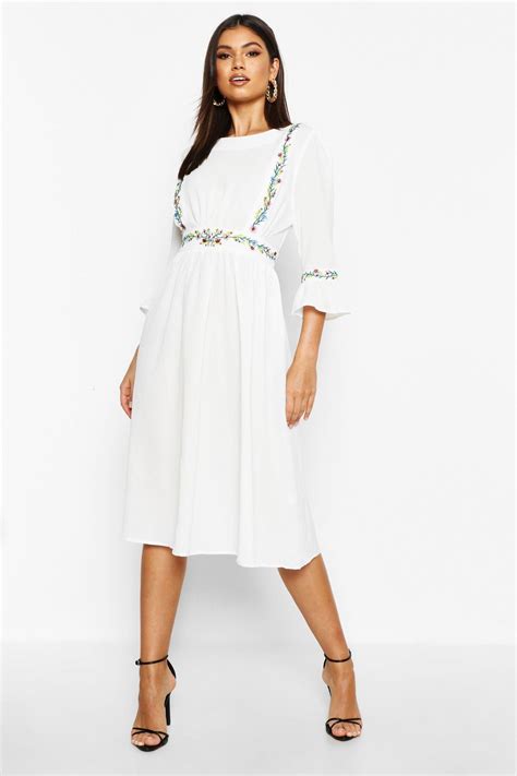 Womens Embroidered Ruffle Sleeve Midi Dress White 8 Midi Dress