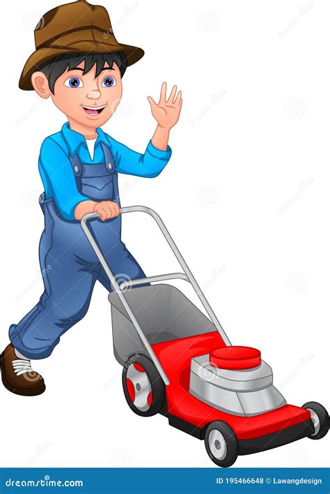 Happy Boy Is Mowing The Lawn With The Lawn Mower Stock Vector