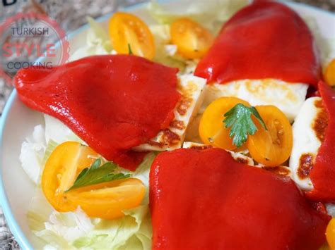 Halloumi Cheese Filled Roasted Red Pepper Recipe Turkish Style Cooking