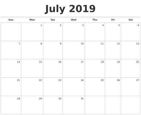 July 2019 Blank Monthly Calendar
