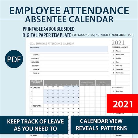 2021 Employee Attendance Calendar Pdf Calendar Template Printable