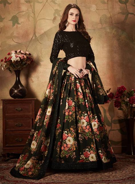 Black Floral Printed Wedding Designer Organza Lehenga Choli For Women Stylish Tulsi Art 3411277