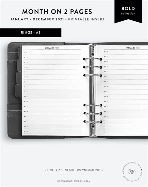 A5 2021 Monthly Planner Printable Horizontal Month On 2 Etsy