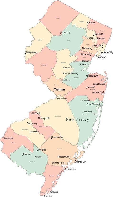 New Jersey State Map Multi Color Cut Out Style With Counties Cities
