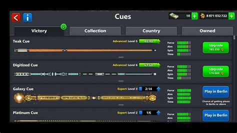 Epic cues 8 ball pool there are 20 epic cues with several types which vary shape and color and names fusion drive cue , invader cue , aztec cue , emerald cue , everlasting cue , frostbite cue , gengis khan cue , greatsword billionaire cue for 1 billion coins , recharge amount is 5 million coins. 8 Ball pool#Digitized cue max - YouTube