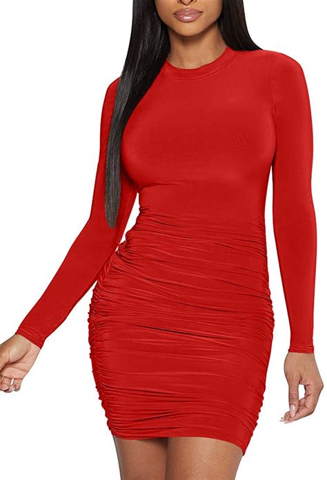 Mokoru Womens Sexy Basic Elegant Long Sleeve Ruched Bodycon Club Party