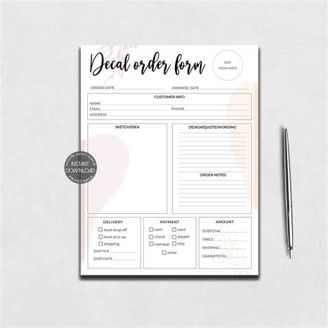 Decal Order Form Template Editable Small Business Forms Etsy Order